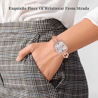 Strada Austrian Crystal Japanese Movement Watch with Rosetone Strap (31.75mm-27.94mm) (7.00-8.5 Inches)