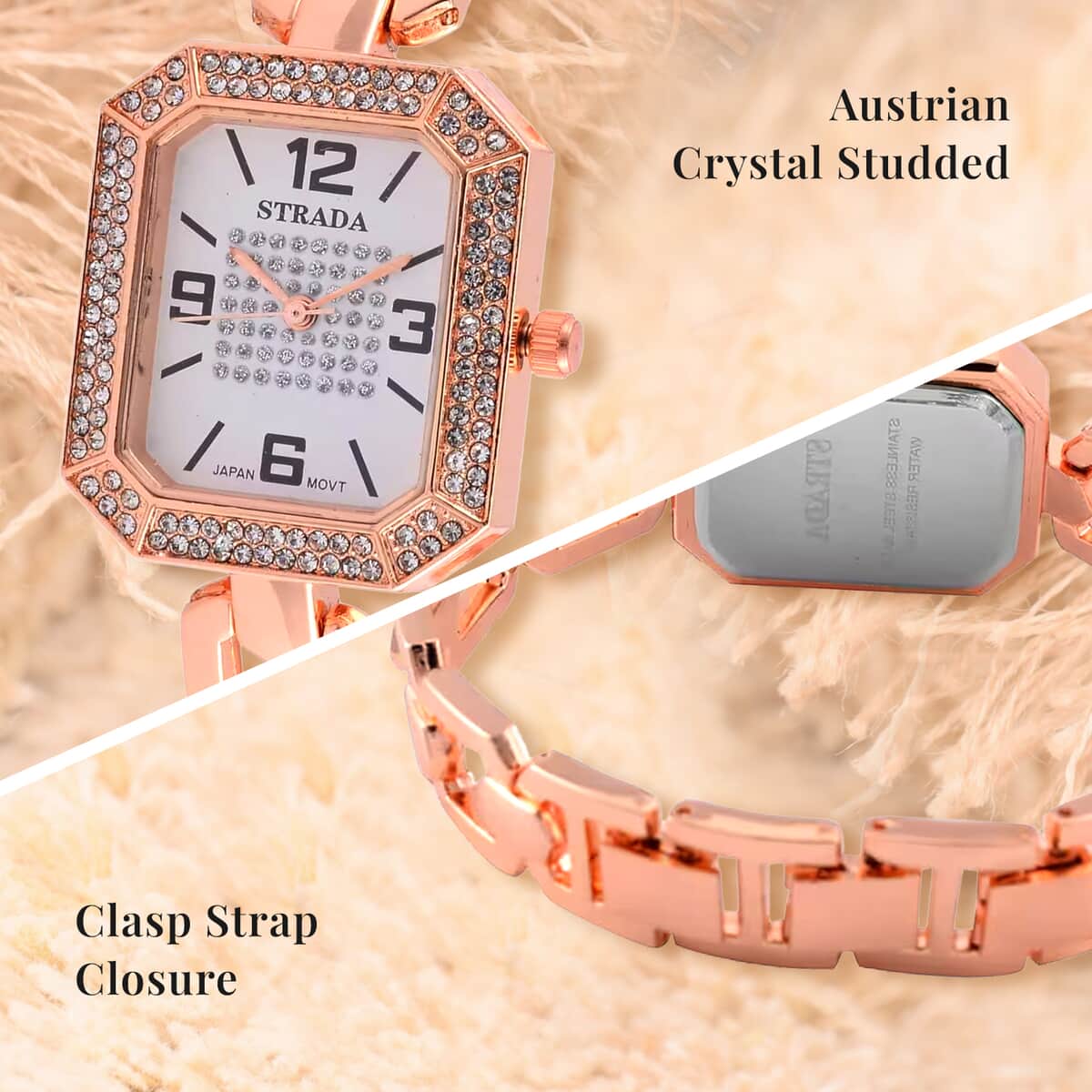 Strada Austrian Crystal Japanese Movement Watch with Rosetone Strap (31.75mm-27.94mm) (7.00-8.5 Inches) image number 3