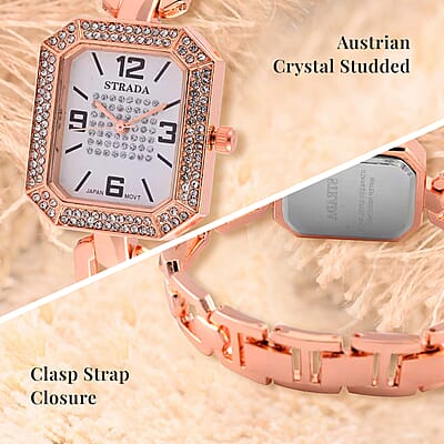 Strada Austrian Crystal Japanese Movement Watch with Rosetone Strap (31.75mm-27.94mm) (7.00-8.5 Inches)
