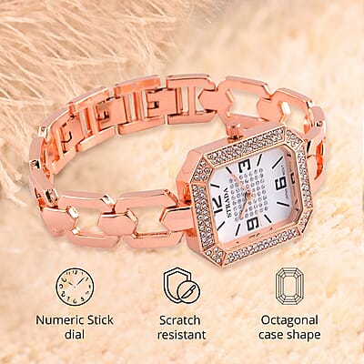 Strada Austrian Crystal Japanese Movement Watch with Rosetone Strap (31.75mm-27.94mm) (7.00-8.5 Inches)