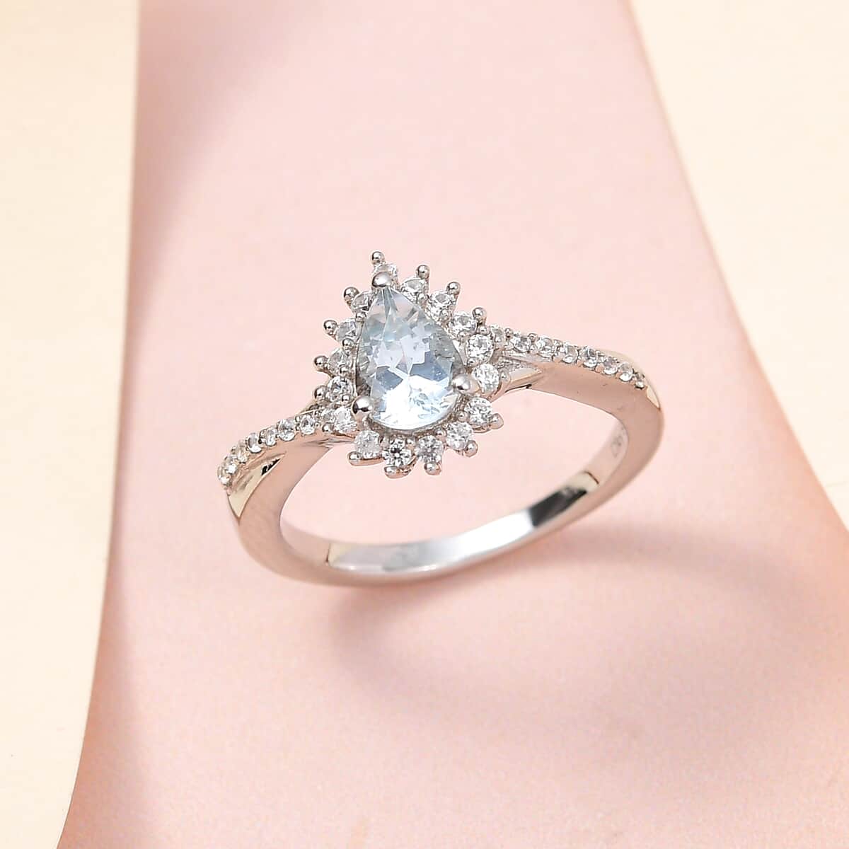 Premium Mangoro Aquamarine, White Zircon Halo Ring in Platinum Over Sterling Silver (Size 10.0) 1.00 ctw image number 1