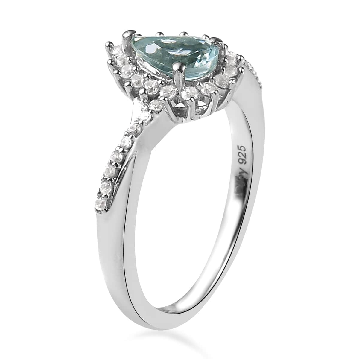 Premium Mangoro Aquamarine, White Zircon Halo Ring in Platinum Over Sterling Silver (Size 10.0) 1.00 ctw image number 3