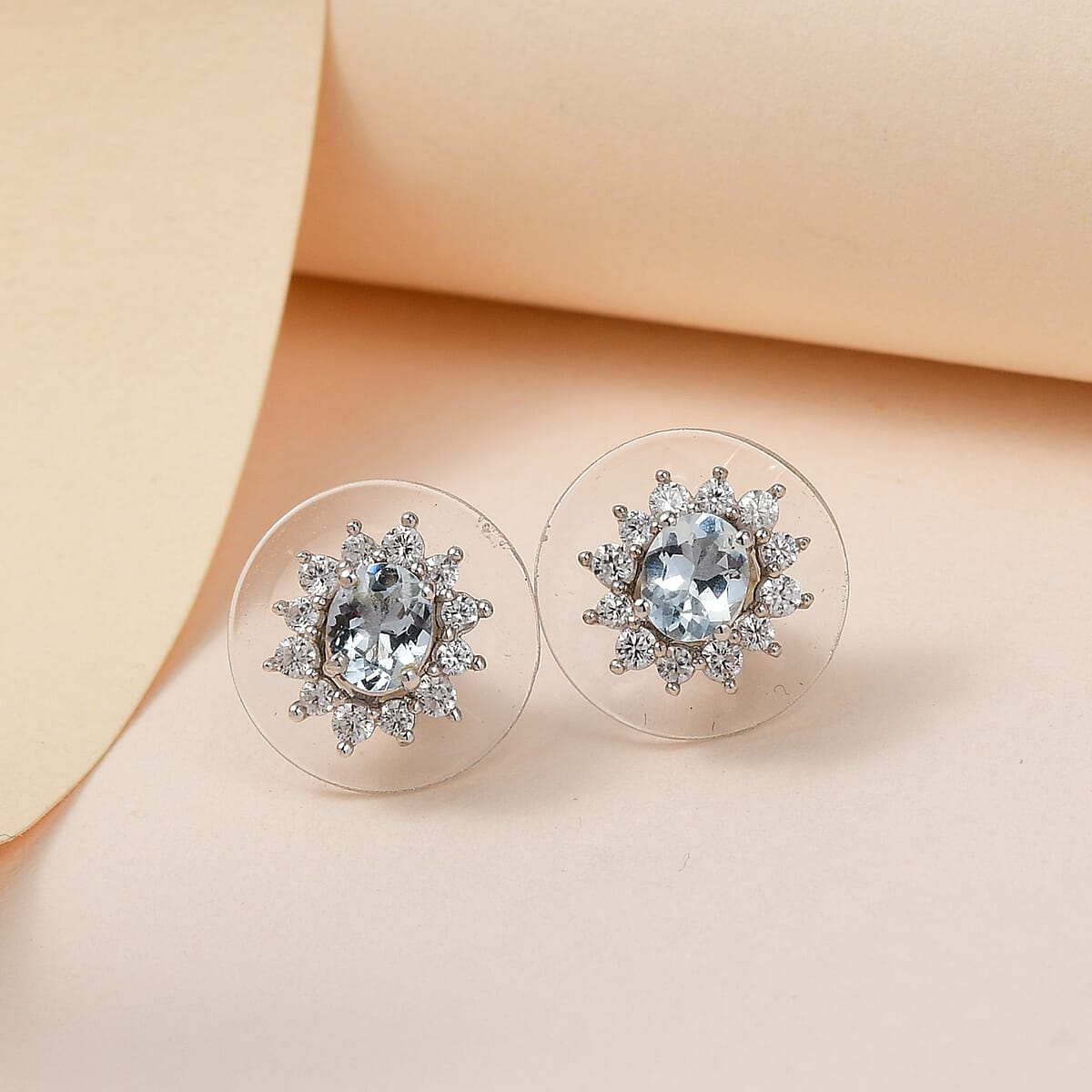 Premium Mangoro Aquamarine and White Zircon Halo Stud Earrings in Platinum Over Sterling Silver 1.10 ctw image number 1
