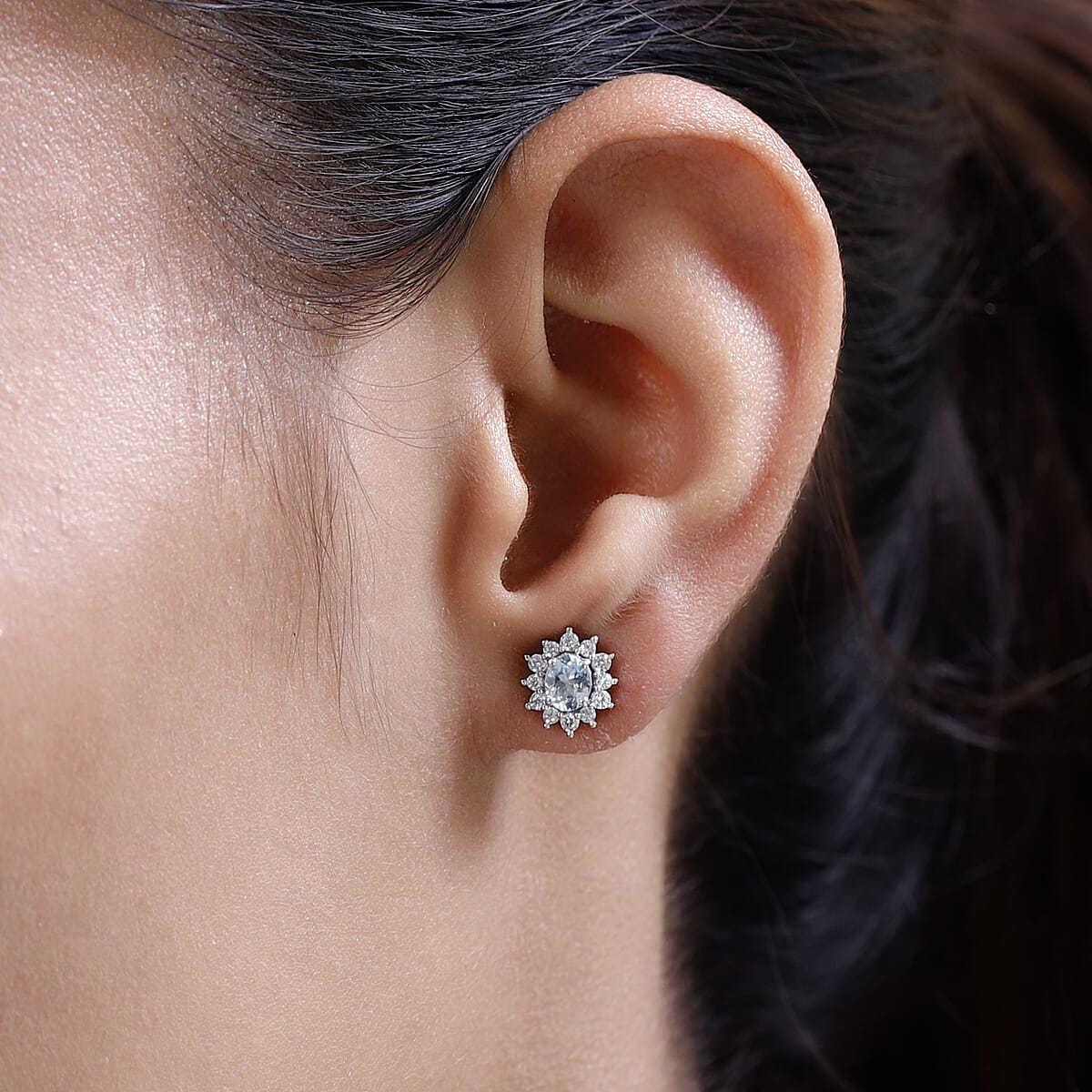 Premium Mangoro Aquamarine and White Zircon Halo Stud Earrings in Platinum Over Sterling Silver 1.10 ctw image number 2