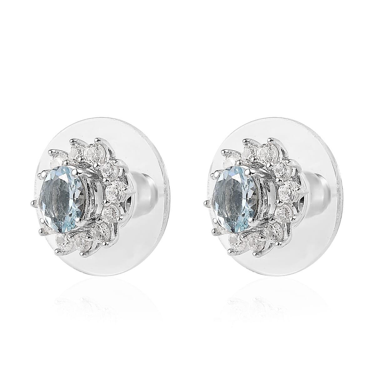 Premium Mangoro Aquamarine and White Zircon Halo Stud Earrings in Platinum Over Sterling Silver 1.10 ctw image number 3