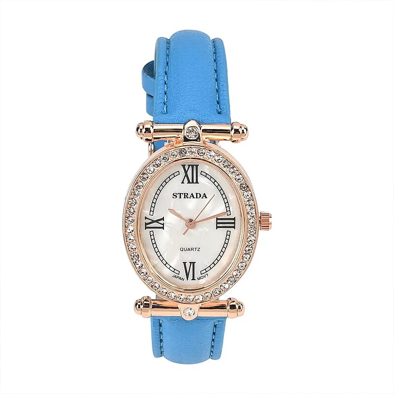 Strada White Austrian Crystal Japanese Movement Watch in Rosetone with Blue Faux Leather Strap (27.94-34.29mm) (6.75-8.50 Inches)
