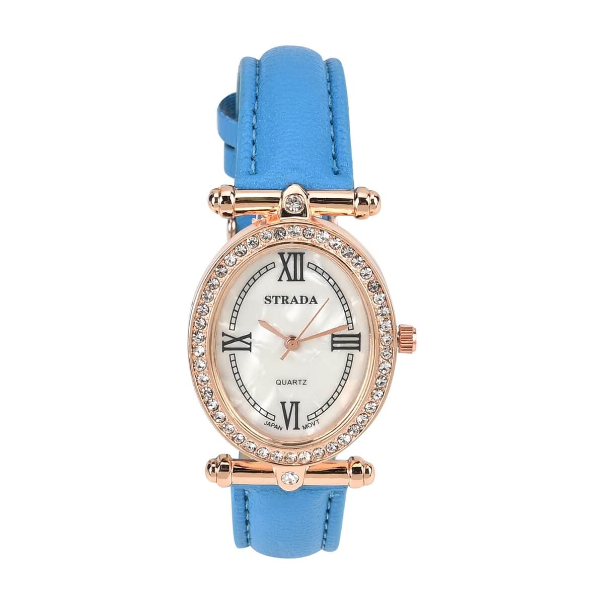 Strada White Austrian Crystal Japanese Movement Watch in Rosetone with Blue Faux Leather Strap (27.94-34.29mm) (6.75-8.50 Inches) image number 0