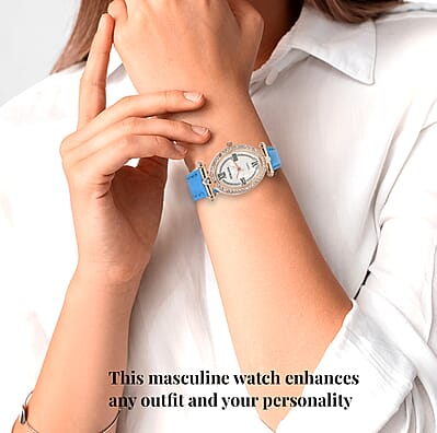 Strada White Austrian Crystal Japanese Movement Watch in Rosetone with Blue Faux Leather Strap (27.94-34.29mm) (6.75-8.50 Inches)