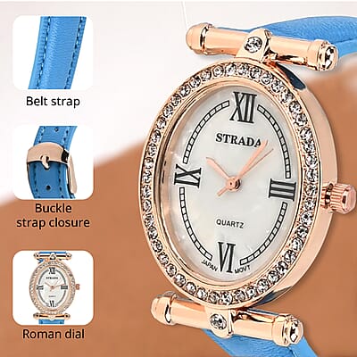 Strada White Austrian Crystal Japanese Movement Watch in Rosetone with Blue Faux Leather Strap (27.94-34.29mm) (6.75-8.50 Inches)