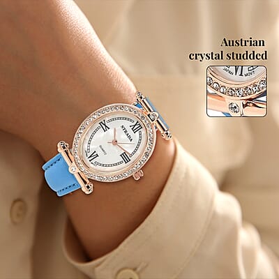 Strada White Austrian Crystal Japanese Movement Watch in Rosetone with Blue Faux Leather Strap (27.94-34.29mm) (6.75-8.50 Inches)