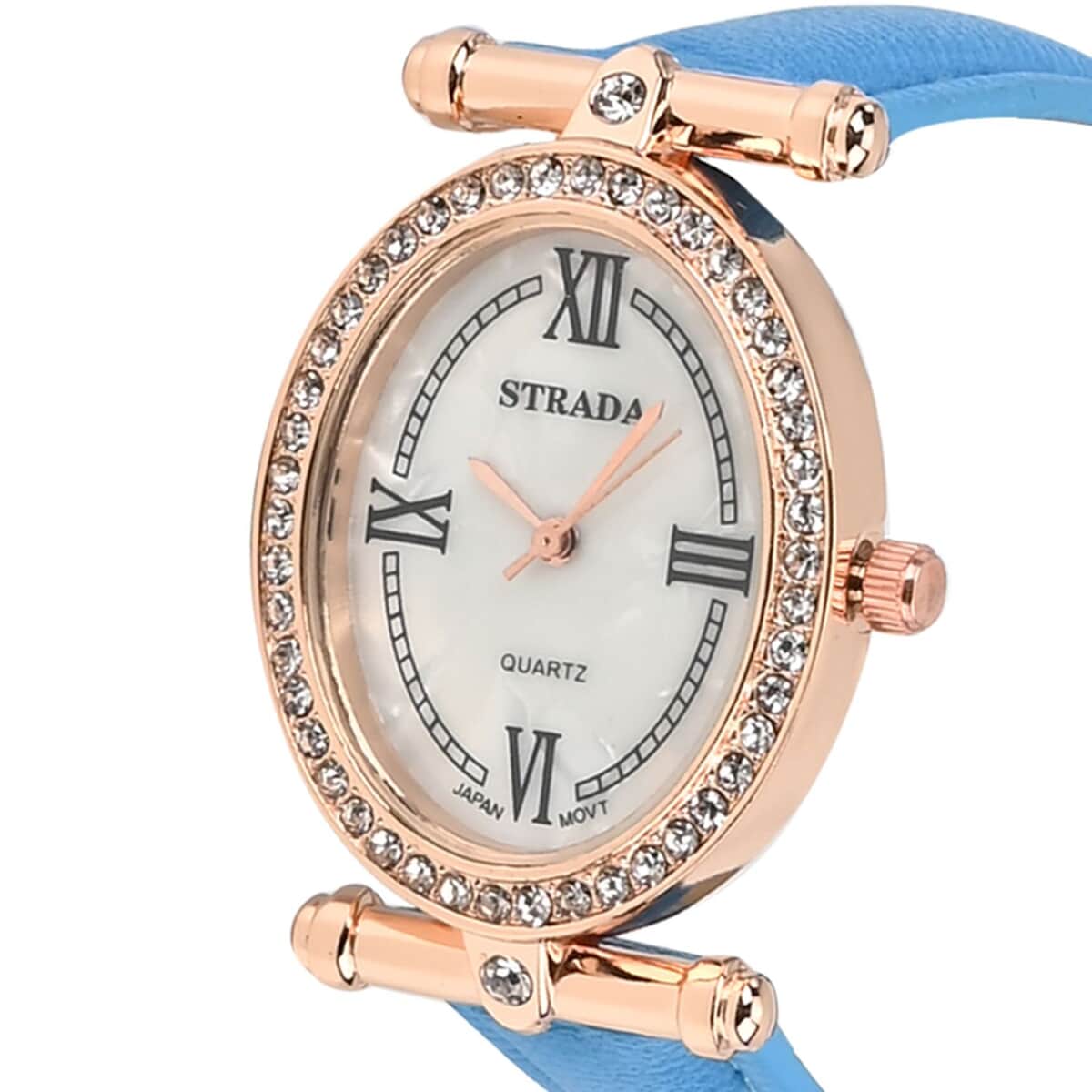 Strada White Austrian Crystal Japanese Movement Watch in Rosetone with Blue Faux Leather Strap (27.94-34.29mm) (6.75-8.50 Inches) image number 3