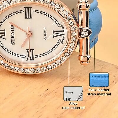 Strada White Austrian Crystal Japanese Movement Watch in Rosetone with Blue Faux Leather Strap (27.94-34.29mm) (6.75-8.50 Inches)