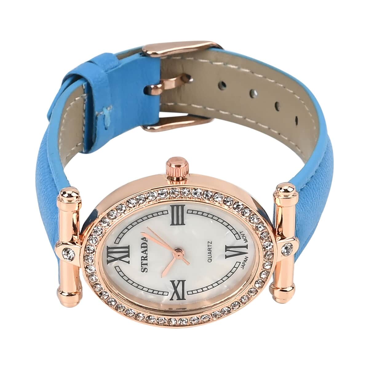 Strada White Austrian Crystal Japanese Movement Watch in Rosetone with Blue Faux Leather Strap (27.94-34.29mm) (6.75-8.50 Inches) image number 4