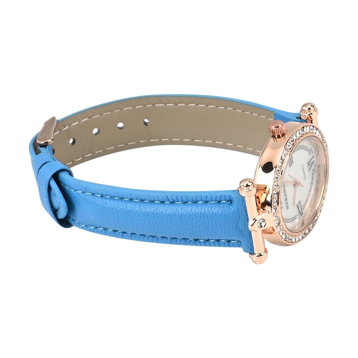 Strada White Austrian Crystal Japanese Movement Watch in Rosetone with Blue Faux Leather Strap (27.94-34.29mm) (6.75-8.50 Inches) image number 5