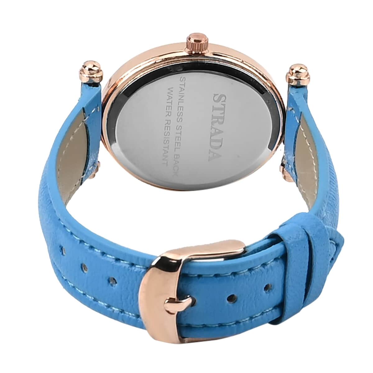 Strada White Austrian Crystal Japanese Movement Watch in Rosetone with Blue Faux Leather Strap (27.94-34.29mm) (6.75-8.50 Inches) image number 6