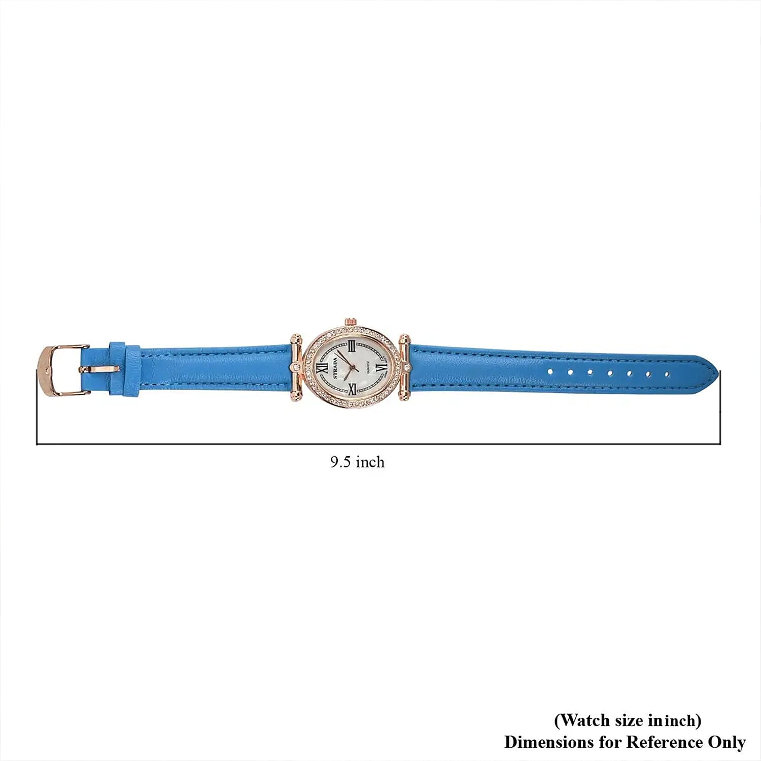 Strada White Austrian Crystal Japanese Movement Watch in Rosetone with Blue Faux Leather Strap (27.94-34.29mm) (6.75-8.50 Inches)