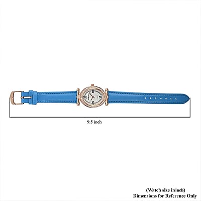 Strada White Austrian Crystal Japanese Movement Watch in Rosetone with Blue Faux Leather Strap (27.94-34.29mm) (6.75-8.50 Inches)