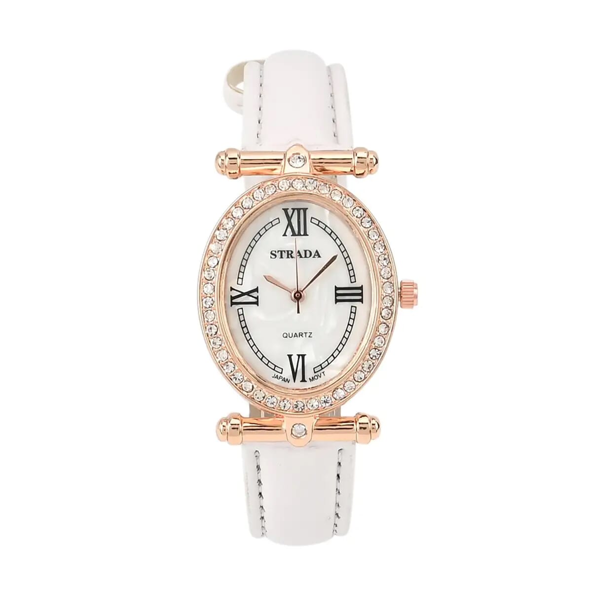 Strada White Austrian Crystal Japanese Movement Watch in Rosetone with White Faux Leather Strap (27.94-34.29mm) (6.75-8.50 Inches) image number 0