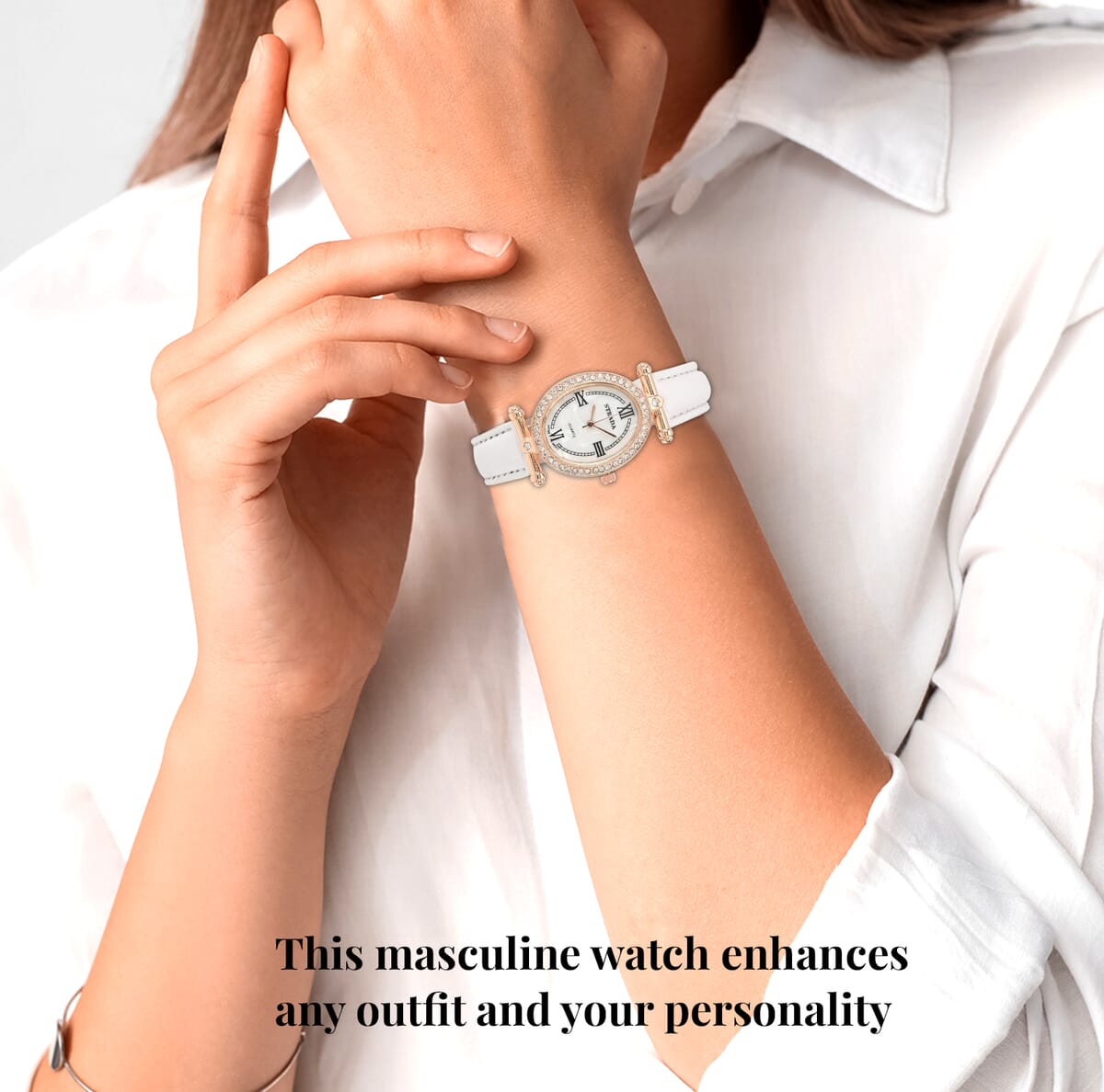 Strada White Austrian Crystal Japanese Movement Watch in Rosetone with White Faux Leather Strap (27.94-34.29mm) (6.75-8.50 Inches) image number 1