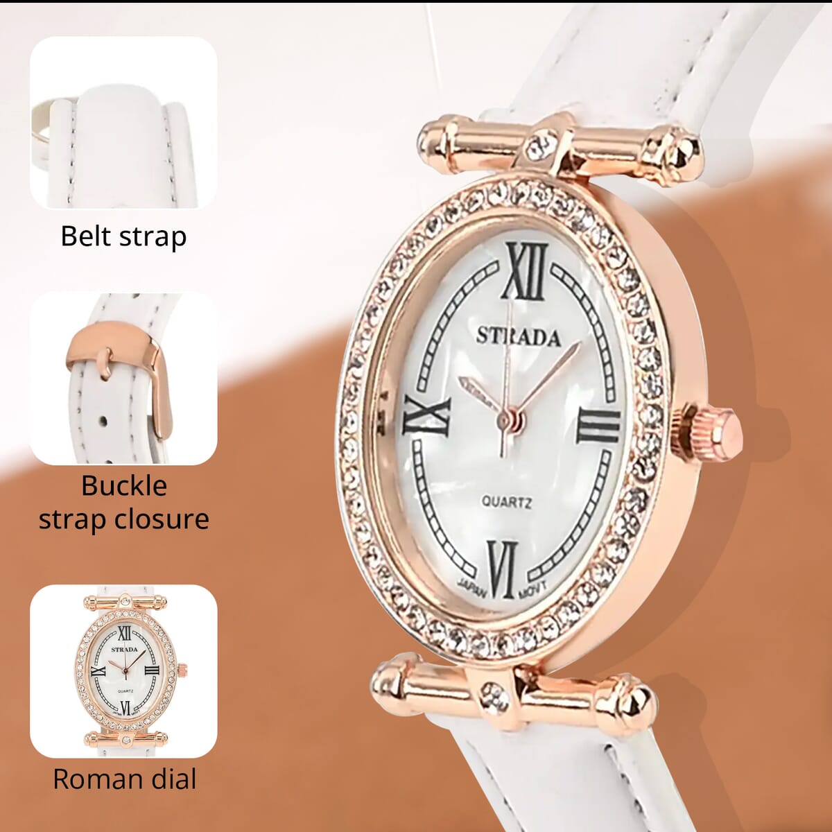 Strada White Austrian Crystal Japanese Movement Watch in Rosetone with White Faux Leather Strap (27.94-34.29mm) (6.75-8.50 Inches) image number 2