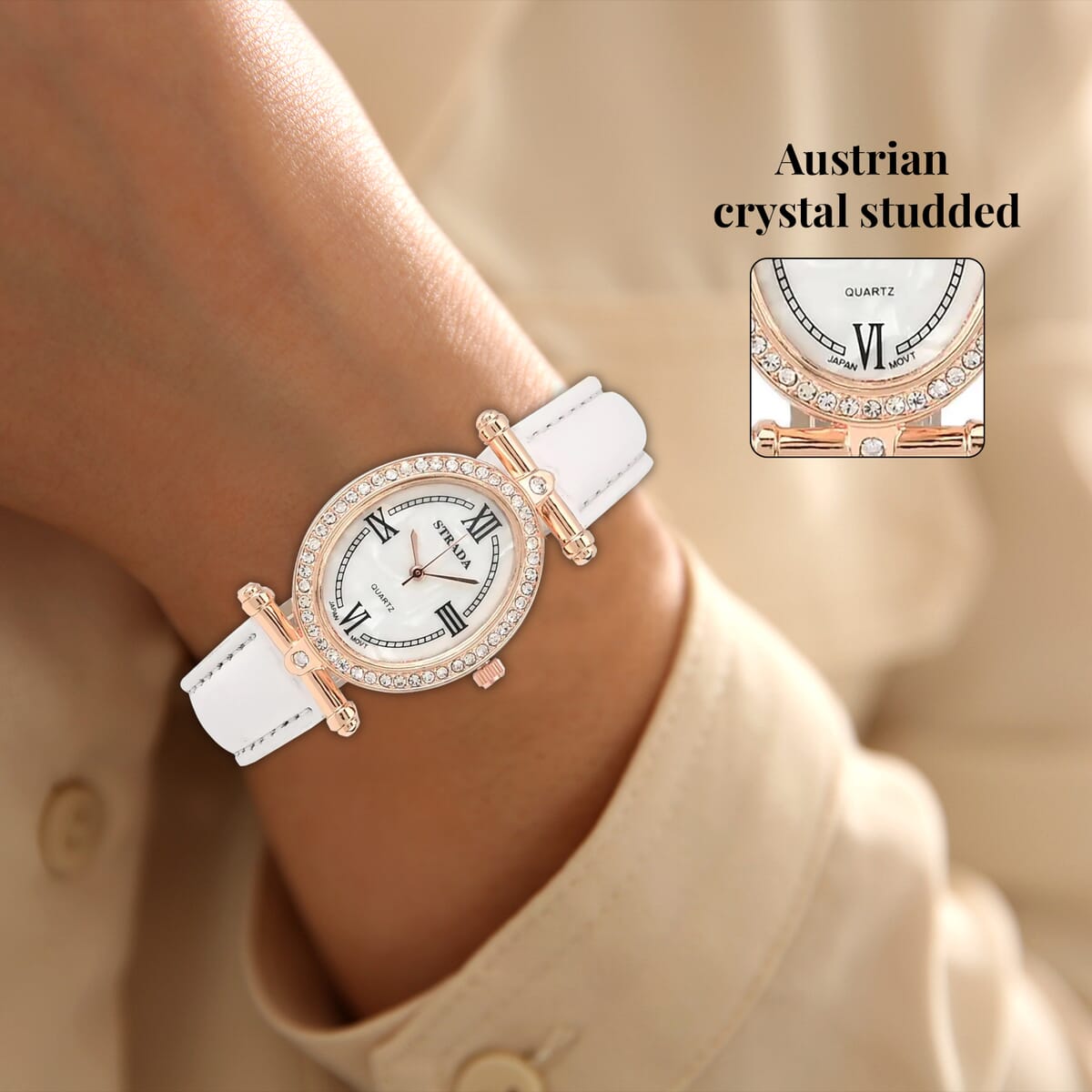 Strada White Austrian Crystal Japanese Movement Watch in Rosetone with White Faux Leather Strap (27.94-34.29mm) (6.75-8.50 Inches) image number 3