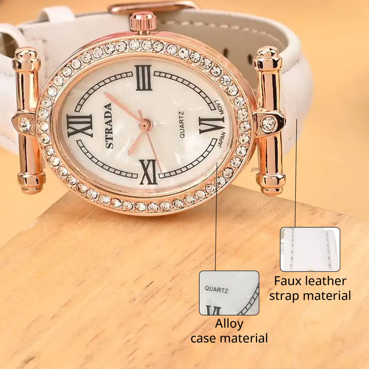 Strada White Austrian Crystal Japanese Movement Watch in Rosetone with White Faux Leather Strap (27.94-34.29mm) (6.75-8.50 Inches) image number 4