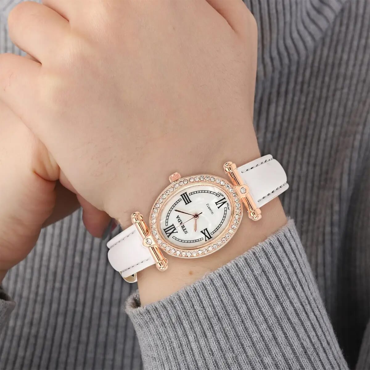 Strada White Austrian Crystal Japanese Movement Watch in Rosetone with White Faux Leather Strap (27.94-34.29mm) (6.75-8.50 Inches) image number 6