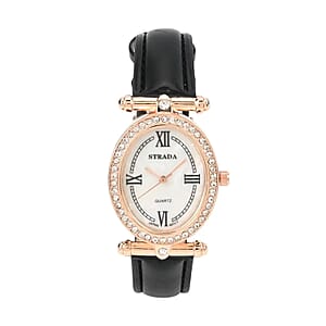 Strada White Austrian Crystal Japanese Movement Watch in Rosetone with Black Faux Leather Strap (27.94-34.29mm) (6.75-8.50 Inches)