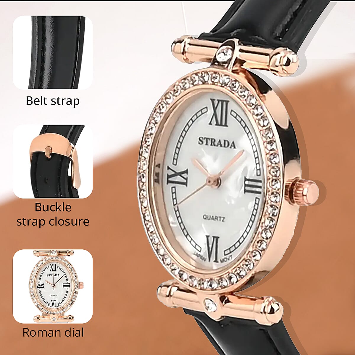 Strada White Austrian Crystal Japanese Movement Watch in Rosetone with Black Faux Leather Strap (27.94-34.29mm) (6.75-8.50 Inches) image number 2