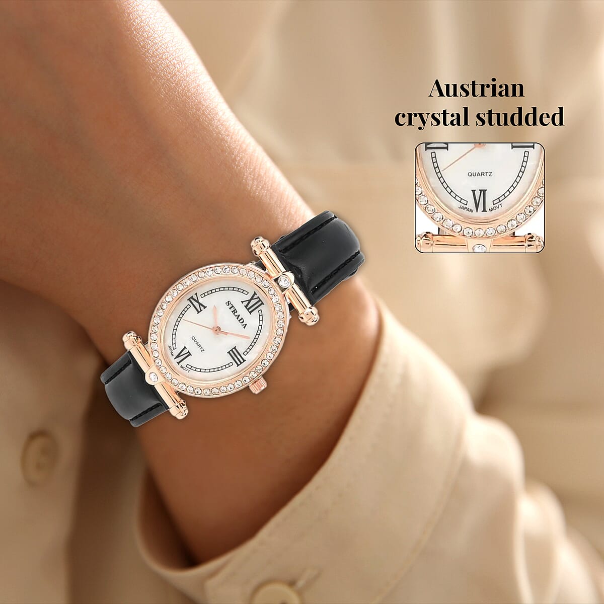 Strada White Austrian Crystal Japanese Movement Watch in Rosetone with Black Faux Leather Strap (27.94-34.29mm) (6.75-8.50 Inches) image number 3