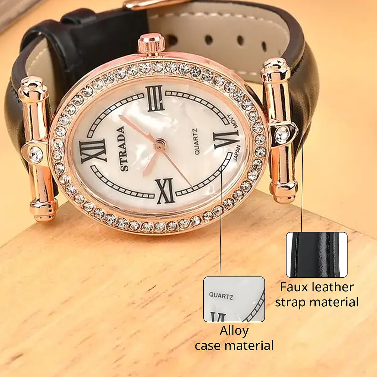 Strada White Austrian Crystal Japanese Movement Watch in Rosetone with Black Faux Leather Strap (27.94-34.29mm) (6.75-8.50 Inches) image number 4
