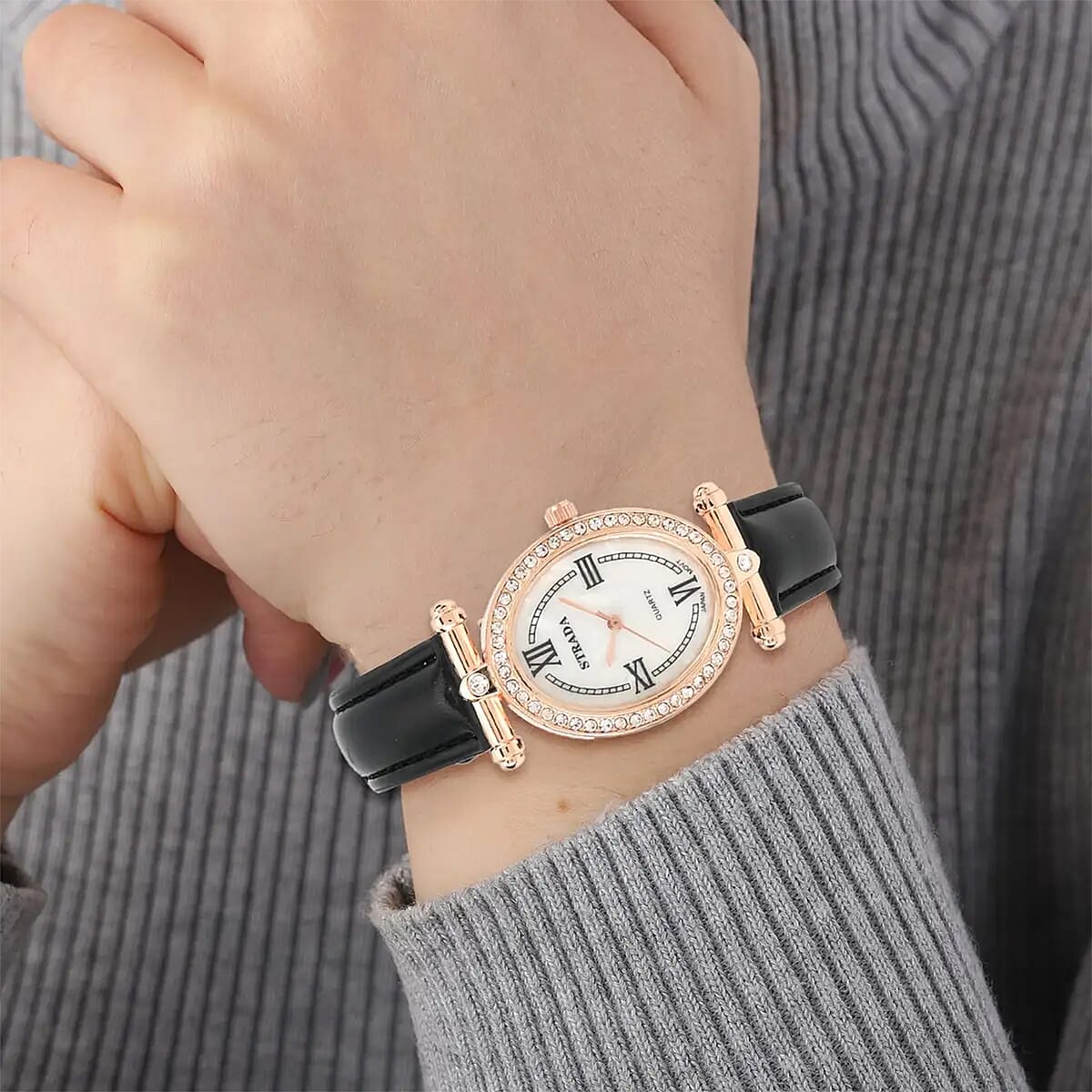 Strada White Austrian Crystal Japanese Movement Watch in Rosetone with Black Faux Leather Strap (27.94-34.29mm) (6.75-8.50 Inches) image number 6