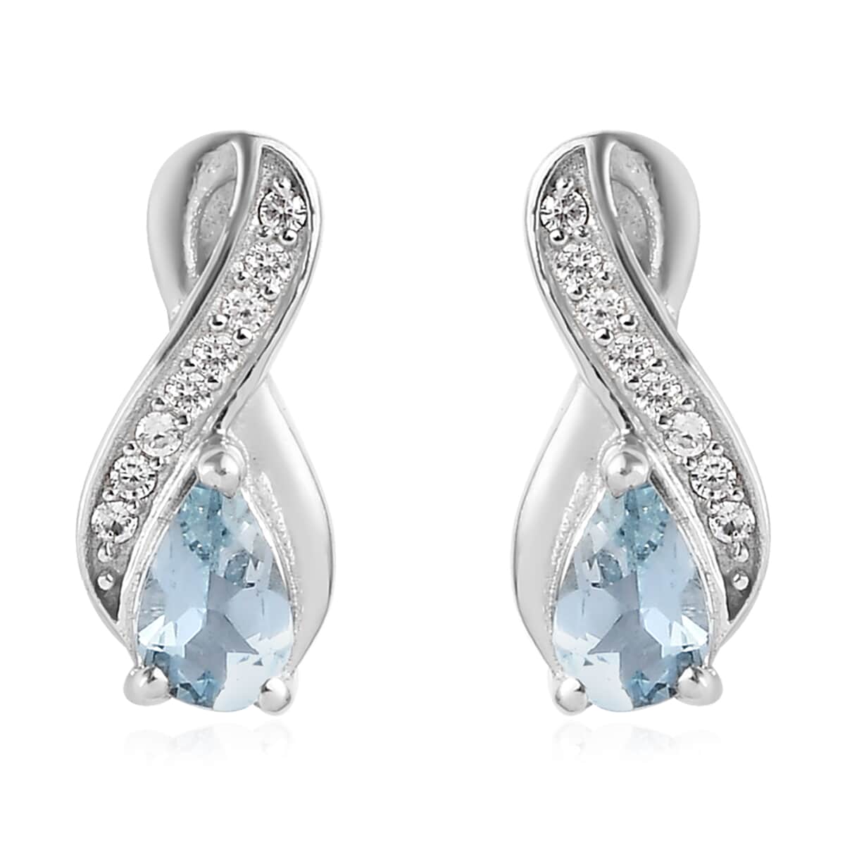 Premium Mangoro Aquamarine, White Zircon Earrings in Platinum Over Sterling Silver 0.40 ctw image number 0