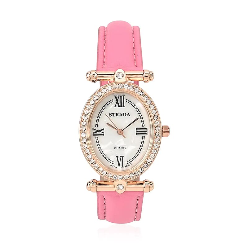 Strada White Austrian Crystal Japanese Movement Watch in Rosetone with Pink Faux Leather Strap (27.94-34.29mm) (6.75-8.50 Inches)
