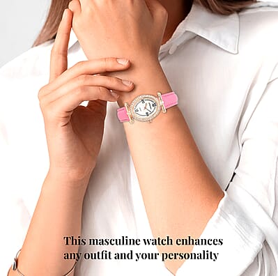Strada White Austrian Crystal Japanese Movement Watch in Rosetone with Pink Faux Leather Strap (27.94-34.29mm) (6.75-8.50 Inches)