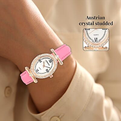 Strada White Austrian Crystal Japanese Movement Watch in Rosetone with Pink Faux Leather Strap (27.94-34.29mm) (6.75-8.50 Inches)