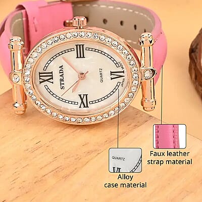 Strada White Austrian Crystal Japanese Movement Watch in Rosetone with Pink Faux Leather Strap (27.94-34.29mm) (6.75-8.50 Inches)