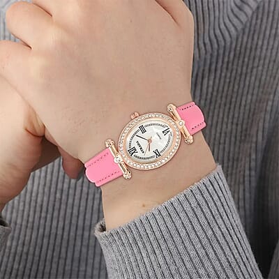 Strada White Austrian Crystal Japanese Movement Watch in Rosetone with Pink Faux Leather Strap (27.94-34.29mm) (6.75-8.50 Inches)