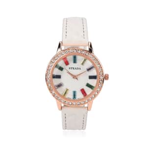 Strada Austrian Crystal & Multi Color Glass Japanese Movement Watch in Rosetone with White Faux Leather Strap (36.06 mm) (7.00-8.5mm)