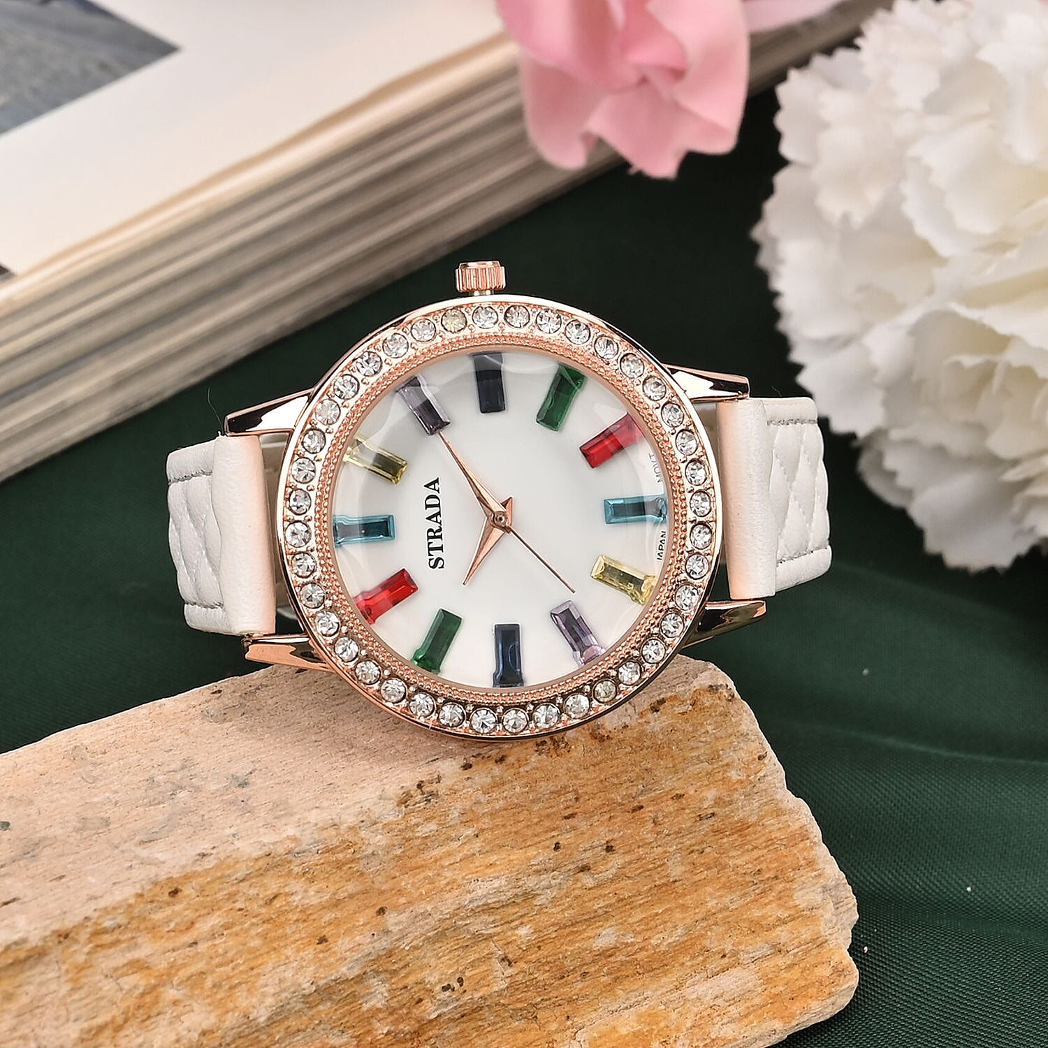 Strada Austrian Crystal & Multi Color Glass Japanese Movement Watch in Rosetone with White Faux Leather Strap (36.06 mm) (7.00-8.5mm)