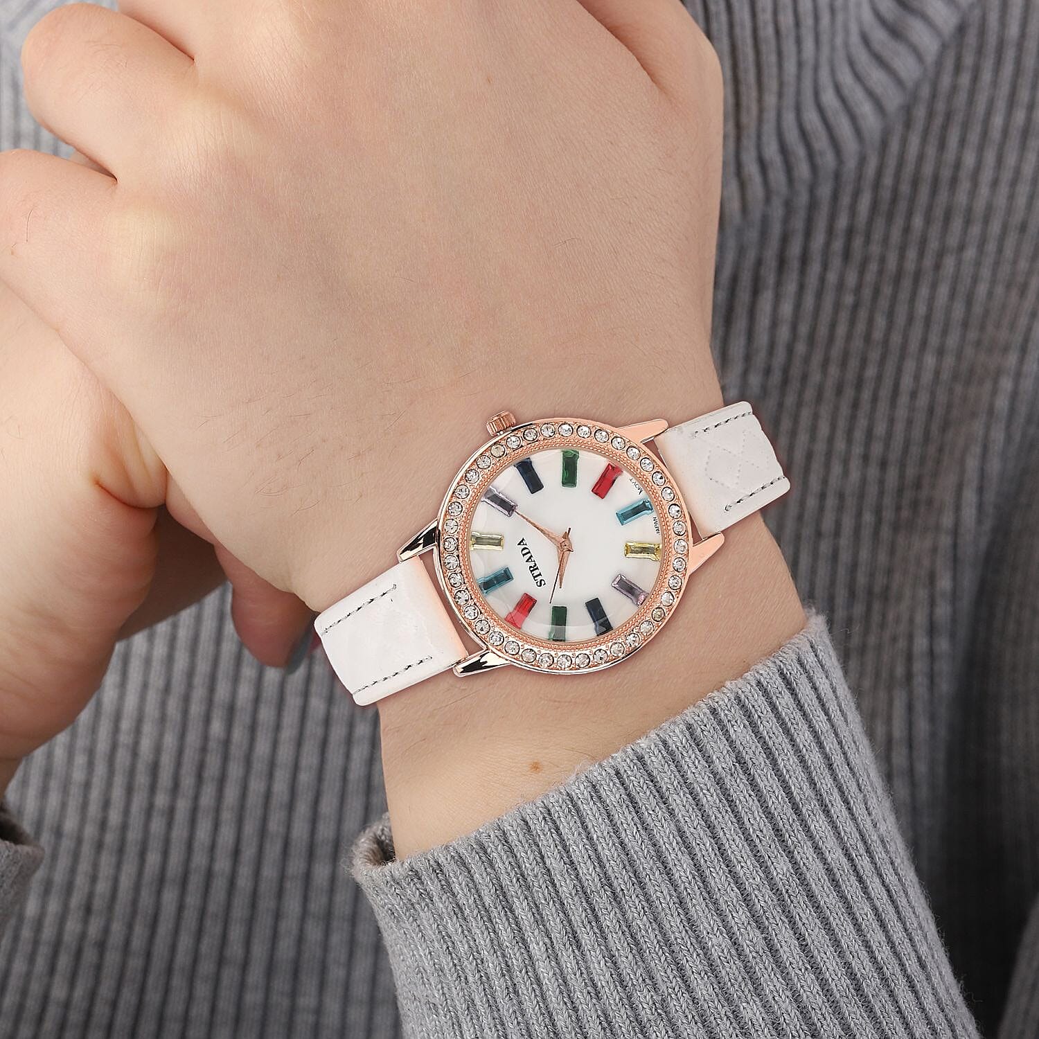 Strada Austrian Crystal & Multi Color Glass Japanese Movement Watch in Rosetone with White Faux Leather Strap (36.06 mm) (7.00-8.5mm)