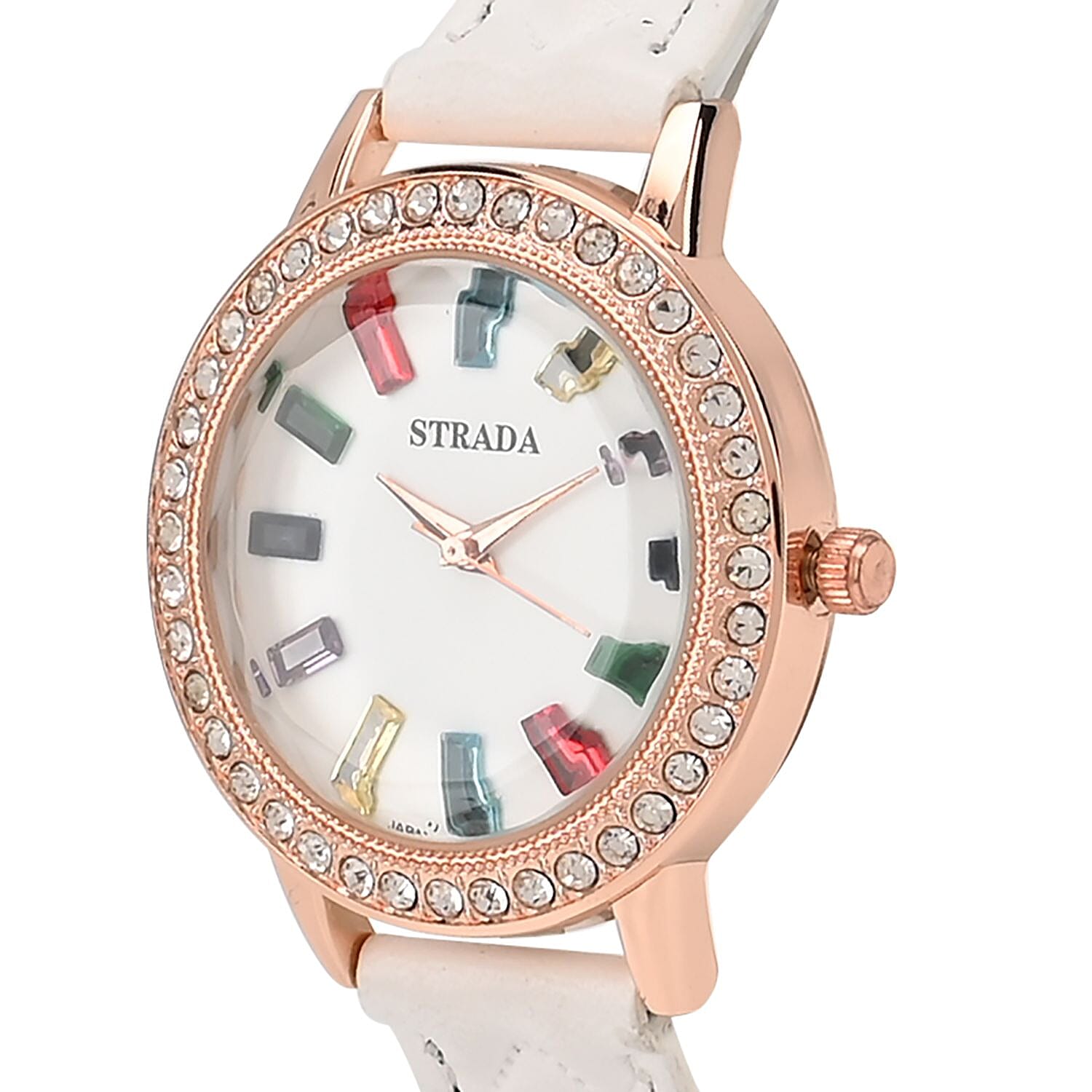 Strada Austrian Crystal & Multi Color Glass Japanese Movement Watch in Rosetone with White Faux Leather Strap (36.06 mm) (7.00-8.5mm)