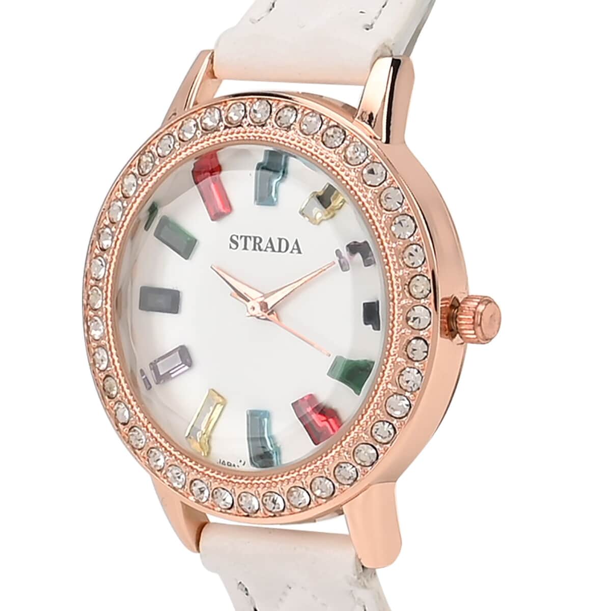 Strada Austrian Crystal & Multi Color Glass Japanese Movement Watch in Rosetone with White Faux Leather Strap (36.06 mm) (7.00-8.5mm) image number 3