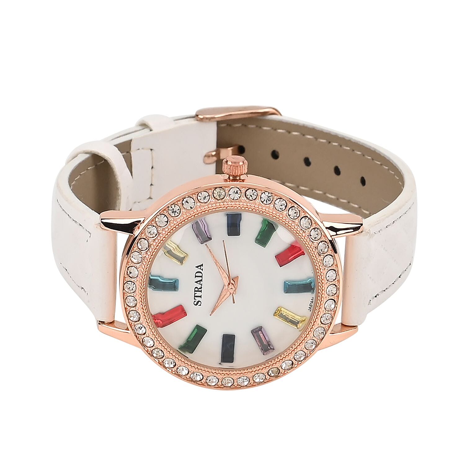 Strada Austrian Crystal & Multi Color Glass Japanese Movement Watch in Rosetone with White Faux Leather Strap (36.06 mm) (7.00-8.5mm)