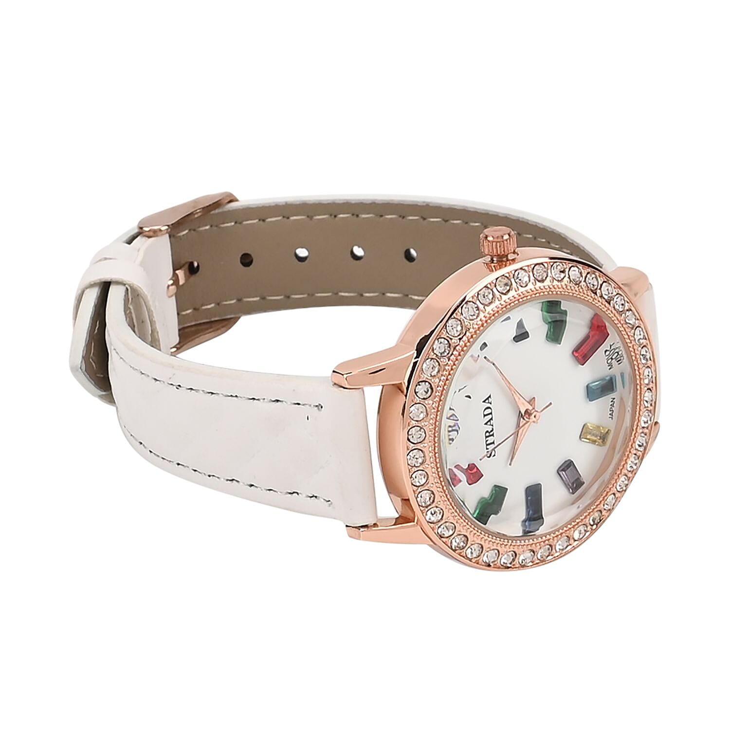Strada Austrian Crystal & Multi Color Glass Japanese Movement Watch in Rosetone with White Faux Leather Strap (36.06 mm) (7.00-8.5mm)