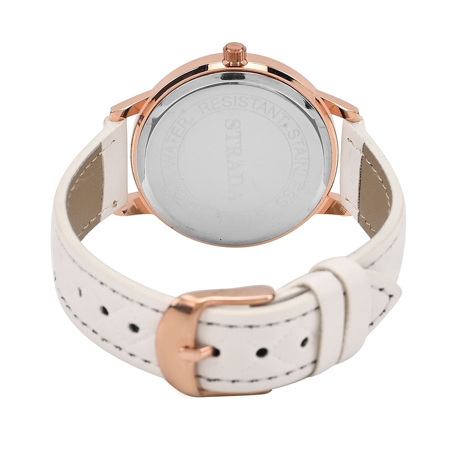 Strada Austrian Crystal & Multi Color Glass Japanese Movement Watch in Rosetone with White Faux Leather Strap (36.06 mm) (7.00-8.5mm)