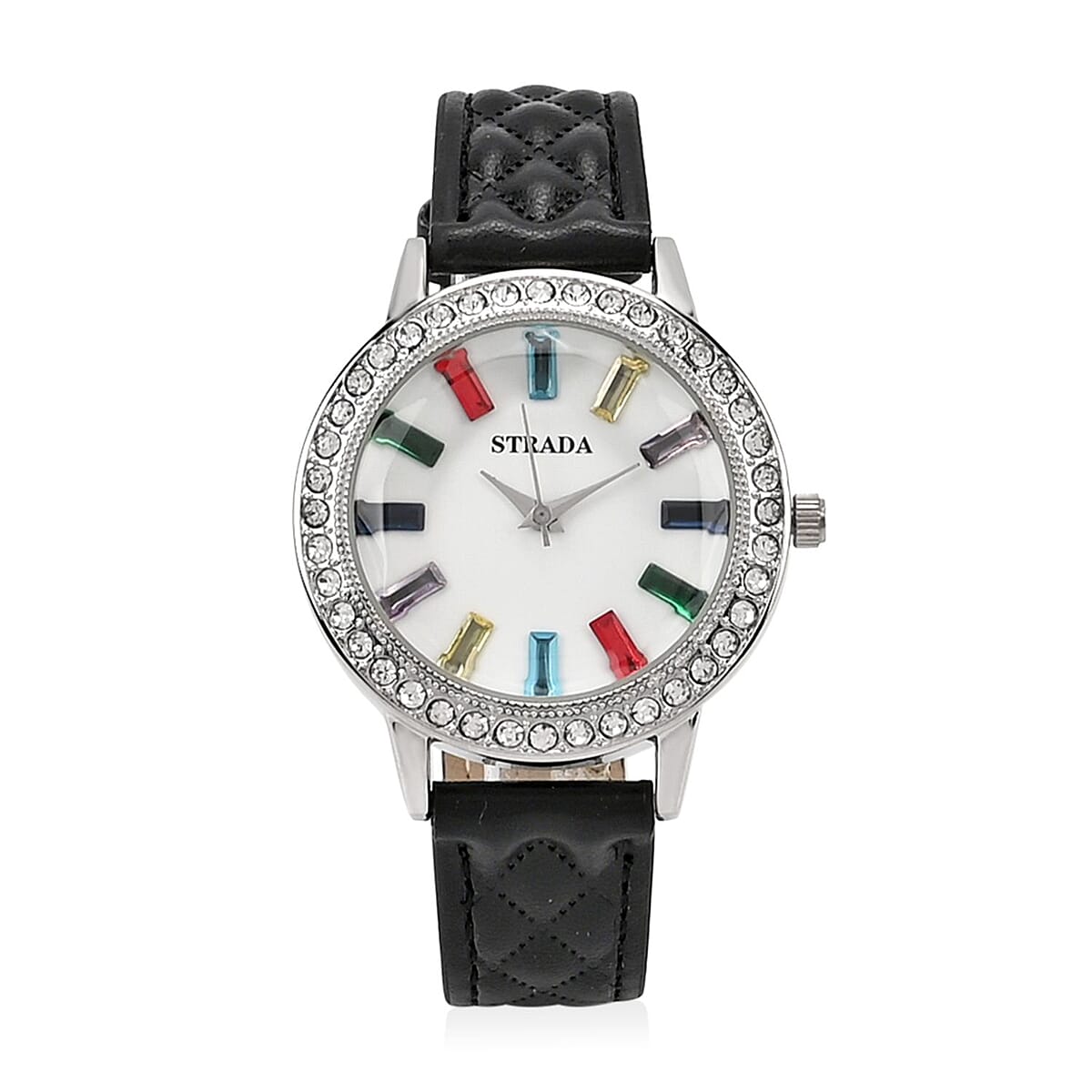 Strada Austrian Crystal & Multi Color Glass Japanese Movement Watch in Silvertone with Black Faux Leather Strap (36.06 mm) (7.00-8.5mm) image number 0