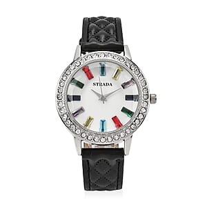 Strada Austrian Crystal & Multi Color Glass Japanese Movement Watch in Silvertone with Black Faux Leather Strap (36.06 mm) (7.00-8.5mm)