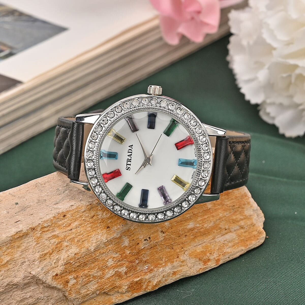 Strada Austrian Crystal & Multi Color Glass Japanese Movement Watch in Silvertone with Black Faux Leather Strap (36.06 mm) (7.00-8.5mm) image number 1