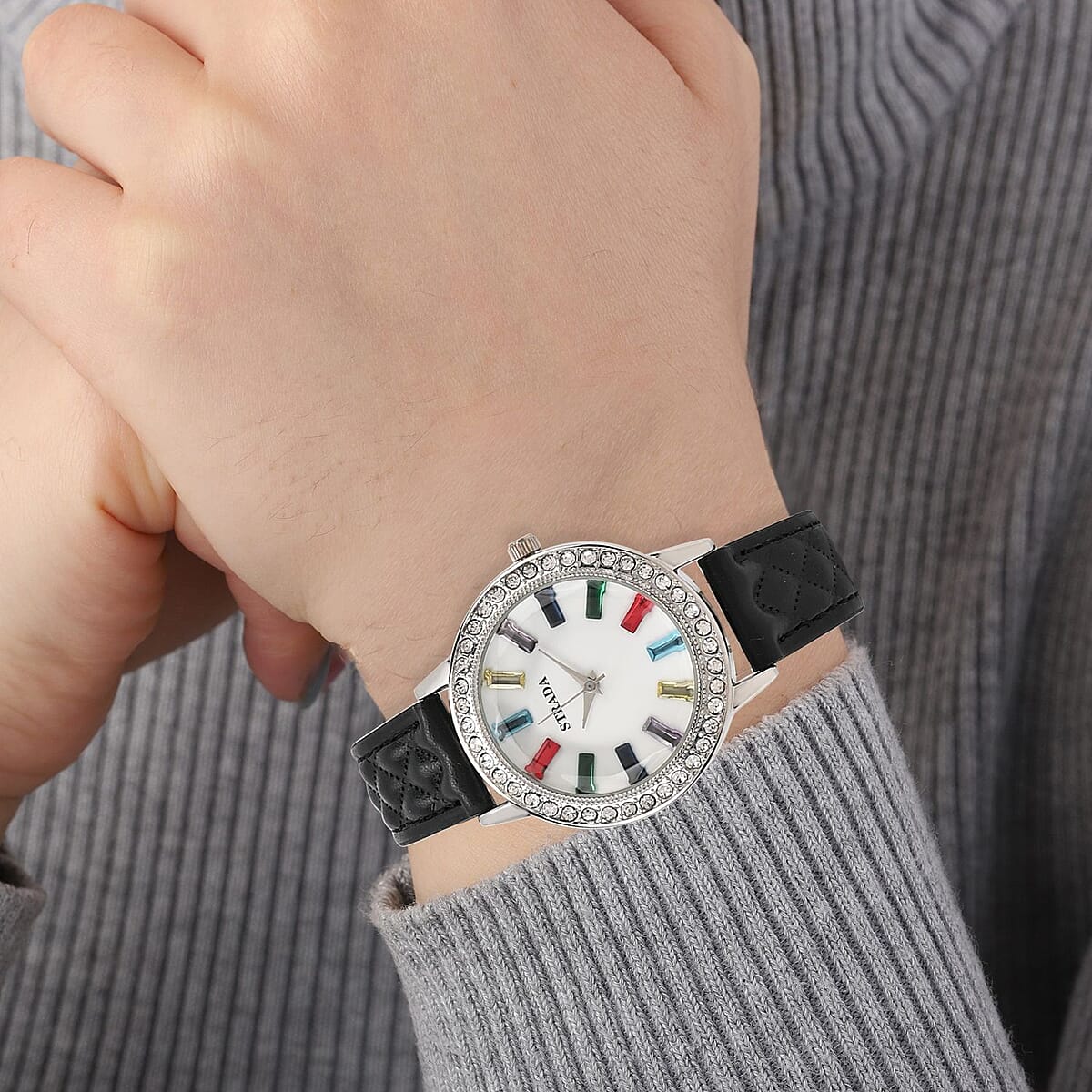 Strada Austrian Crystal & Multi Color Glass Japanese Movement Watch in Silvertone with Black Faux Leather Strap (36.06 mm) (7.00-8.5mm) image number 2